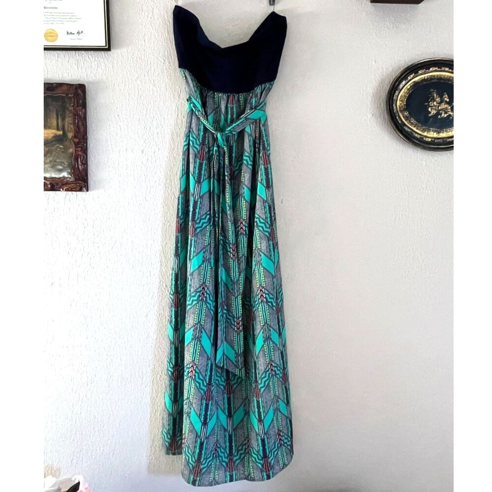 Strapless floor length teal chevron dress, patterned summer dress with black top